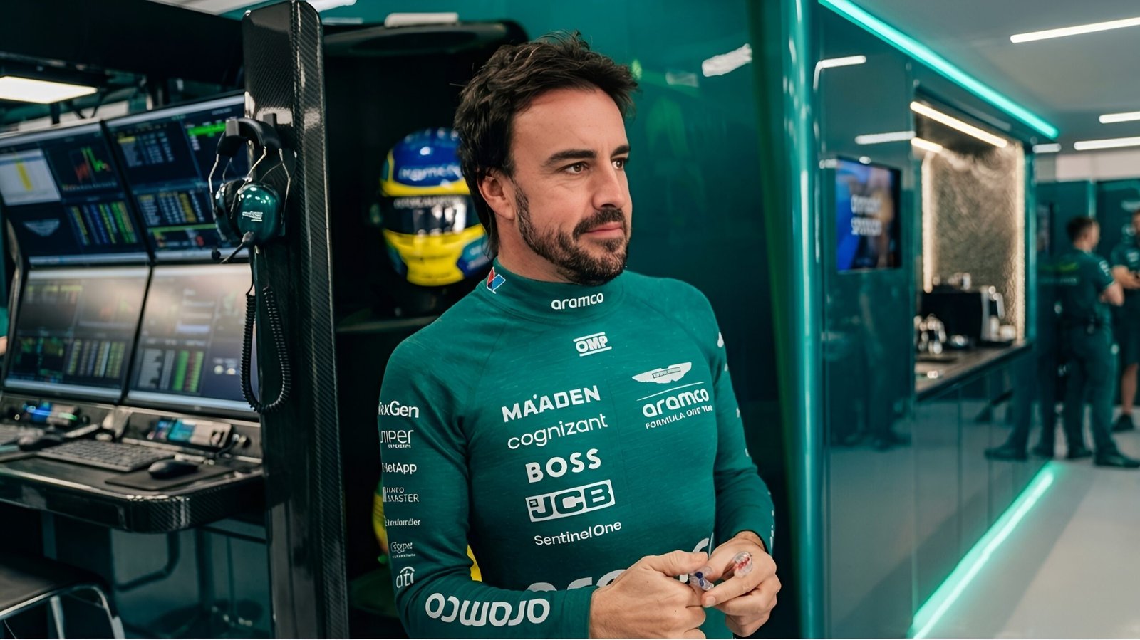 Fernando Alonso in the Aston Martin F1 garage at the 2026 Japanese Grand Prix following the AMR26’s first full-race distance finish.