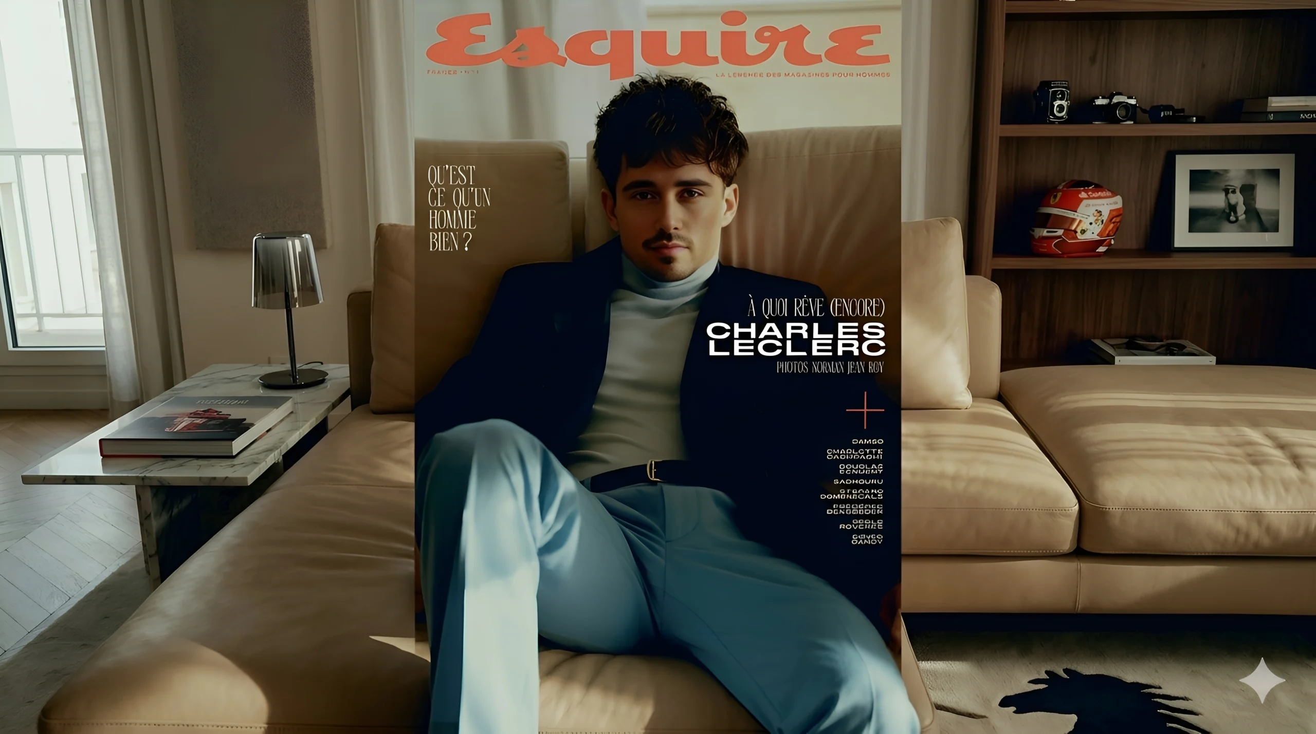 Charles Leclerc on the debut cover of Esquire France Issue 1 wearing a white turtleneck and black blazer.