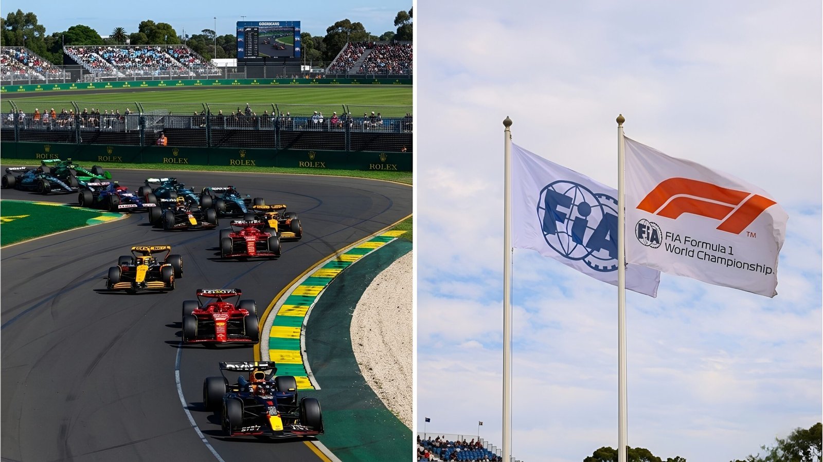 F1 2026 Crisis: Bahrain & Saudi GPs Cancelled Amid 2026 Safety Fears 1 Formula 1 grid racing through a corner under the FIA and F1 World Championship flags during the race season.