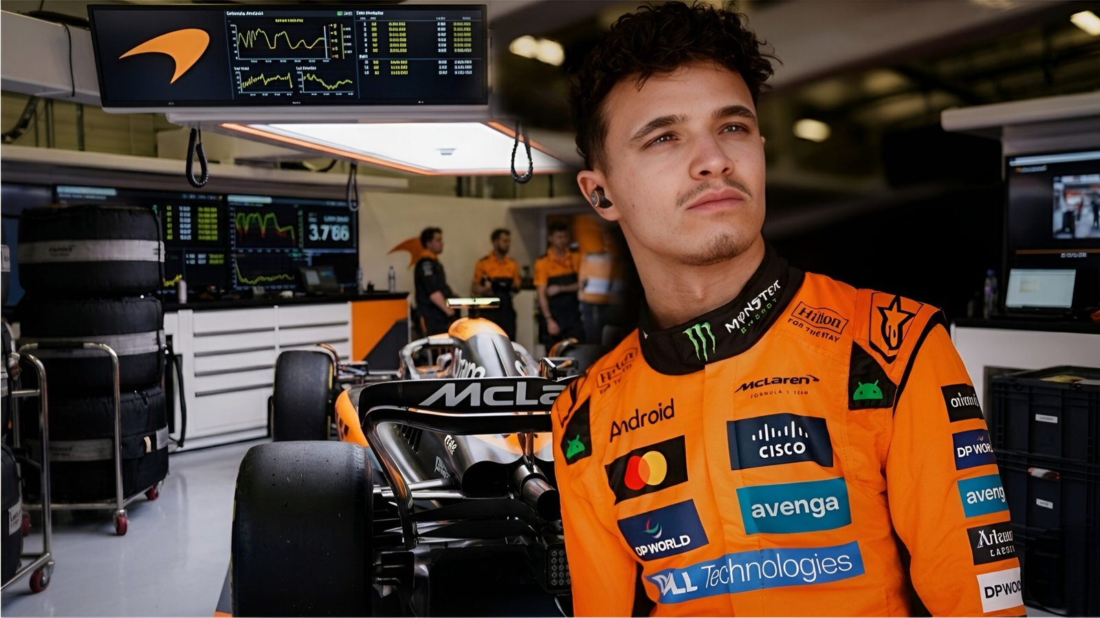 Lando Norris in a McLaren racing suit standing in the garage, looking pensive near his F1 car, symbolizing his concerns about future technical regulations.