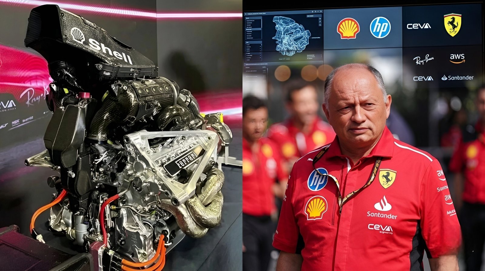 Ferrari Seeks FIA Approval to Close 2026 Power Unit Gap 1 Ferrari 2026 Formula 1 power unit prototype with carbon fiber airbox and hybrid ERS components alongside Team Principal Frederic Vasseur
