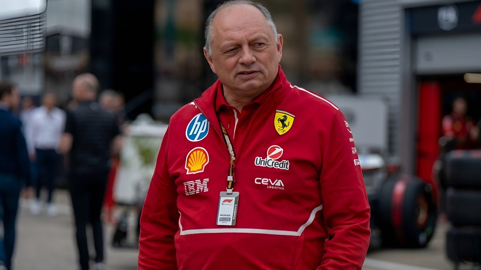 Frédéric Vasseur, Ferrari Team Principal, overseeing the paddock. Vasseur is currently leading Project 678, which secured FIA approval for a significant 2026 power unit performance upgrade targeting thermal efficiency.