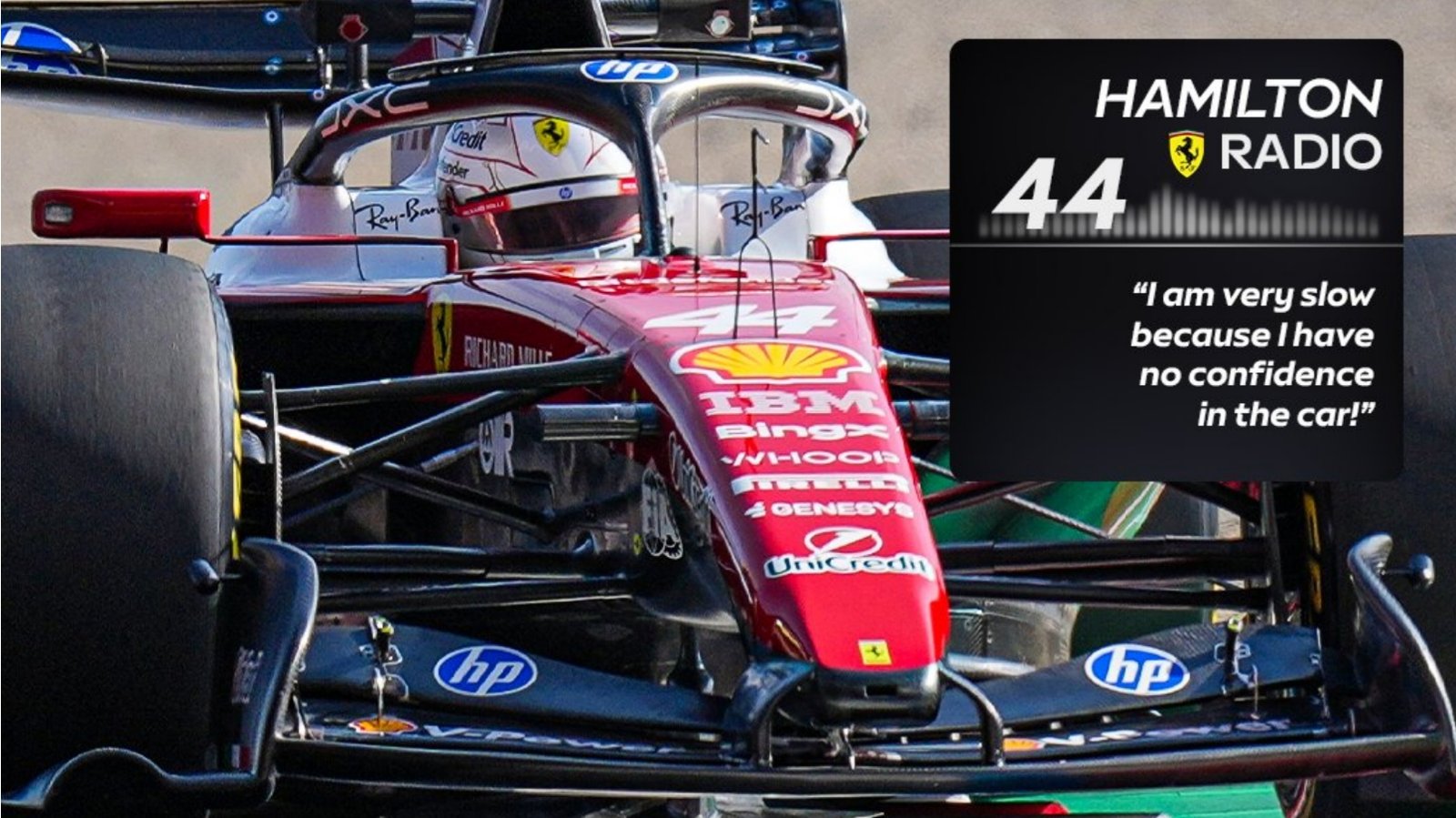 Lewis Hamilton driving the Ferrari SF-26 Formula 1 car during Free Practice at the 2026 Japanese Grand Prix at Suzuka. Overlaid on the image is an F1 radio graphic, featuring the text "HAMILTON RADIO 44" with a Ferrari logo, and the quote: '“I am very slow because I have no confidence in the car!”'
