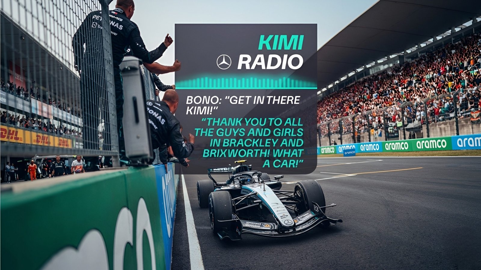 Kimi Antonelli Makes F1 History: Youngest Championship Leader After Japan GP Win 1 Kimi Antonelli celebrating his 2026 Japanese Grand Prix win in the Mercedes W17 with team radio graphic featuring Pete Bonnington’s ‘Get in there Kimi’ message.