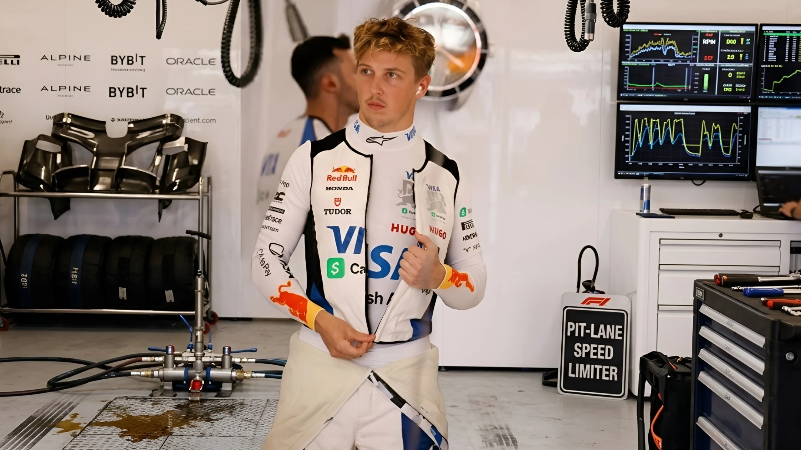 Liam Lawson in Racing Bulls garage during 2026 Australian Grand Prix safety investigation