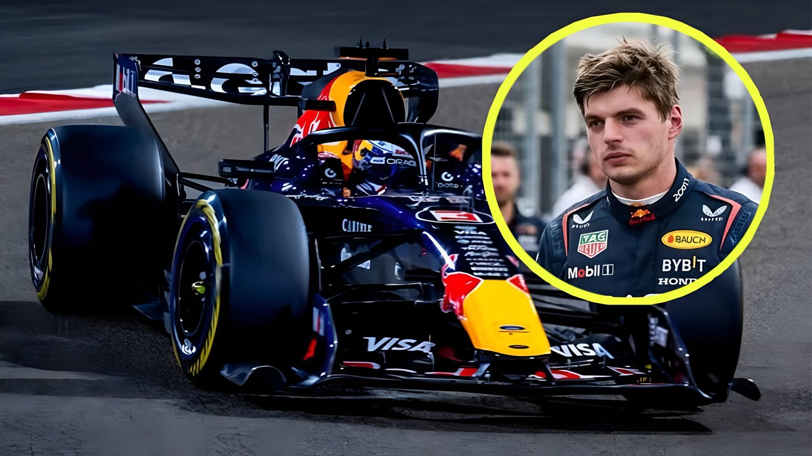 A photo-illustration showing Max Verstappen (right, in a yellow circle) with a serious expression in his Red Bull team kit, beside the Red Bull RB21 Formula 1 car (left) featuring the new number 3 and a Visa sponsor logo, on a track during the 2026 season.