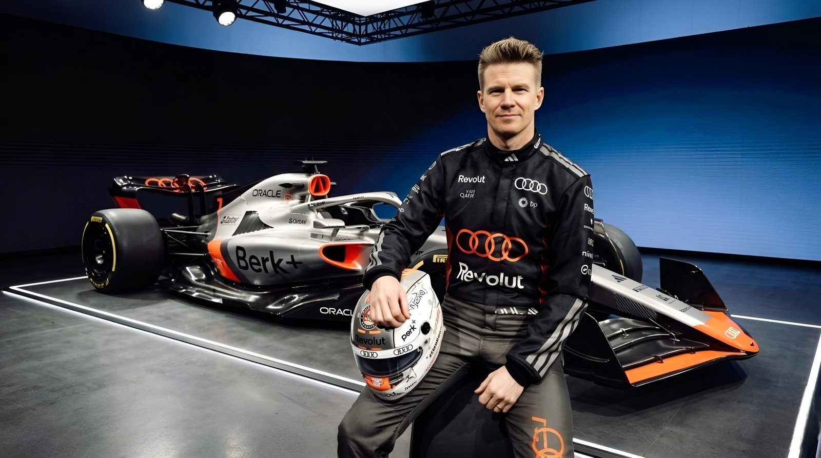 Nico Hulkenberg posing with Audi Revolut F1 car after setting Suzuka top speed record for Aramco Speed Master award.