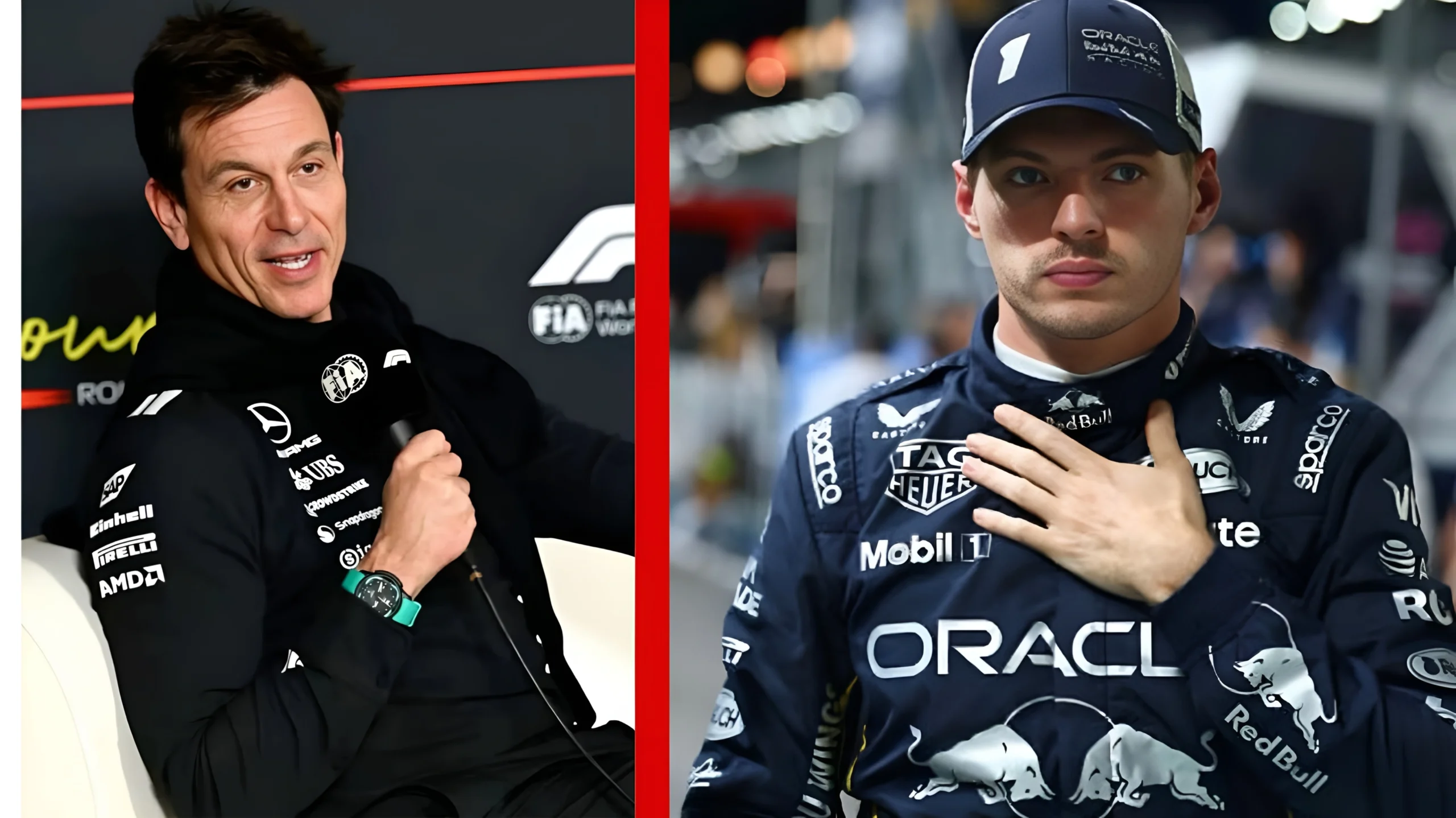 Toto Wolff of Mercedes (left) dismisses Max Verstappen (right) rumors, confirming 2026 lineup.