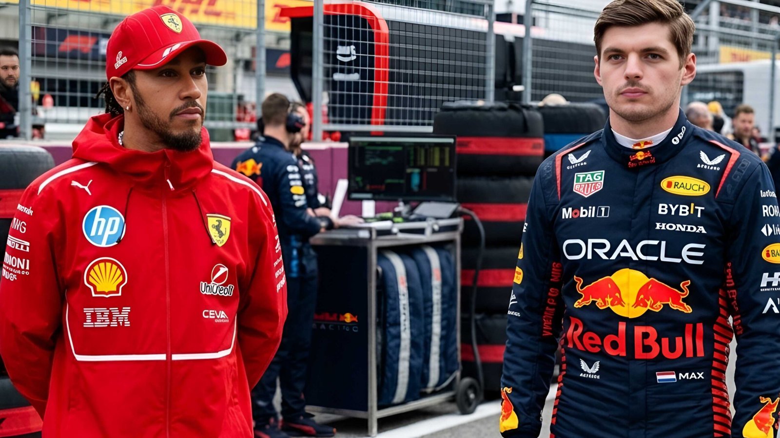 Lewis Hamilton in Ferrari red and Max Verstappen in Red Bull gear standing in the F1 paddock.