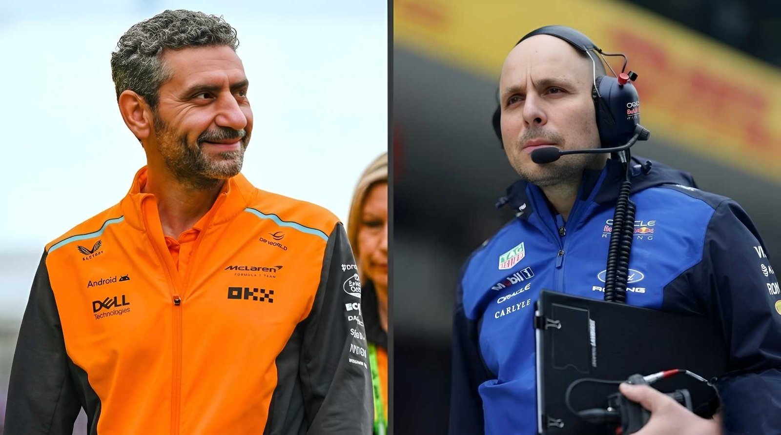 McLaren Team Principal Andrea Stella in orange team kit next to Red Bull race engineer Gianpiero Lambiase in blue headset, split image showing Lambiase will join McLaren as Chief Racing Officer by 2028