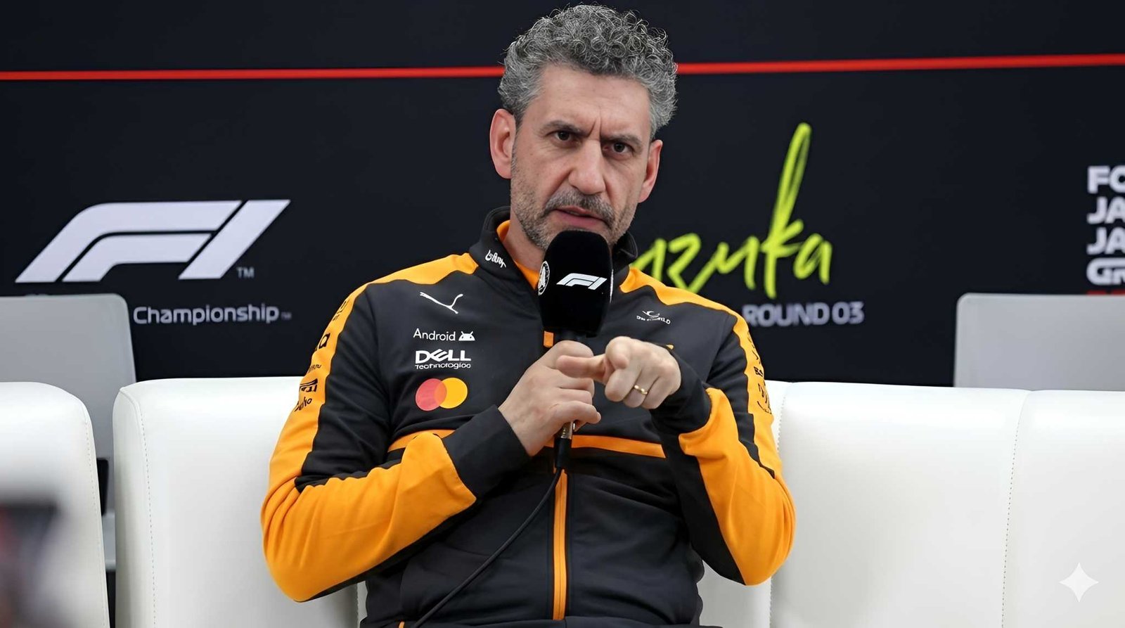 Andrea Stella, McLaren F1 Team Principal, wearing orange and black McLaren jacket, speaking into F1 microphone at Suzuka press conference
