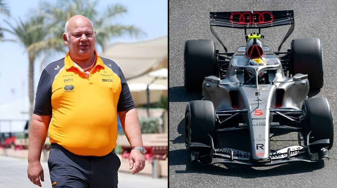 McLaren's Rob Marshall next to front view of Audi 2026 F1 car C46 with number 5 during Bahrain pre-season testing