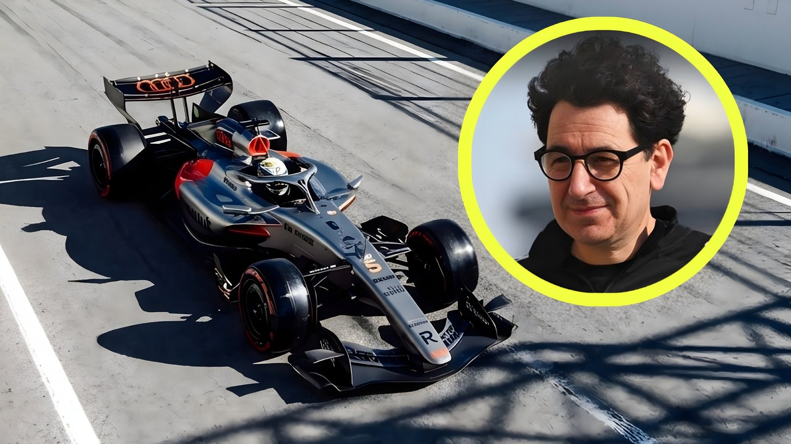 Audi F1 2026 car on track with Team Principal Mattia Binotto technical analysis overlay