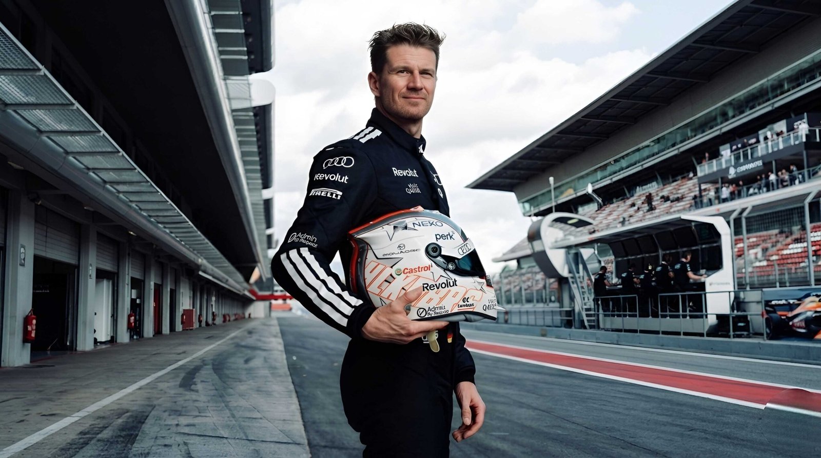 Nico Hulkenberg in Audi F1 gear holding a helmet at a race track for 2026 season promotion.