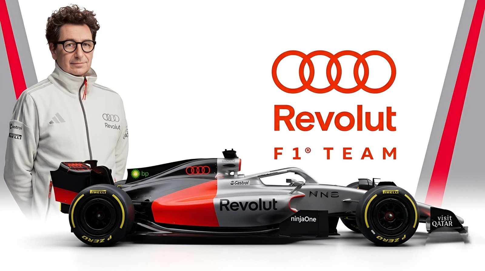 Mattia Binotto standing with the Audi Revolut F1 Team 2026 R26 race car and official logo.