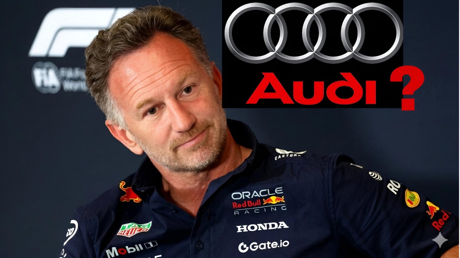 Christian Horner in Red Bull kit with Audi logo overlaying a question about his F1 future.