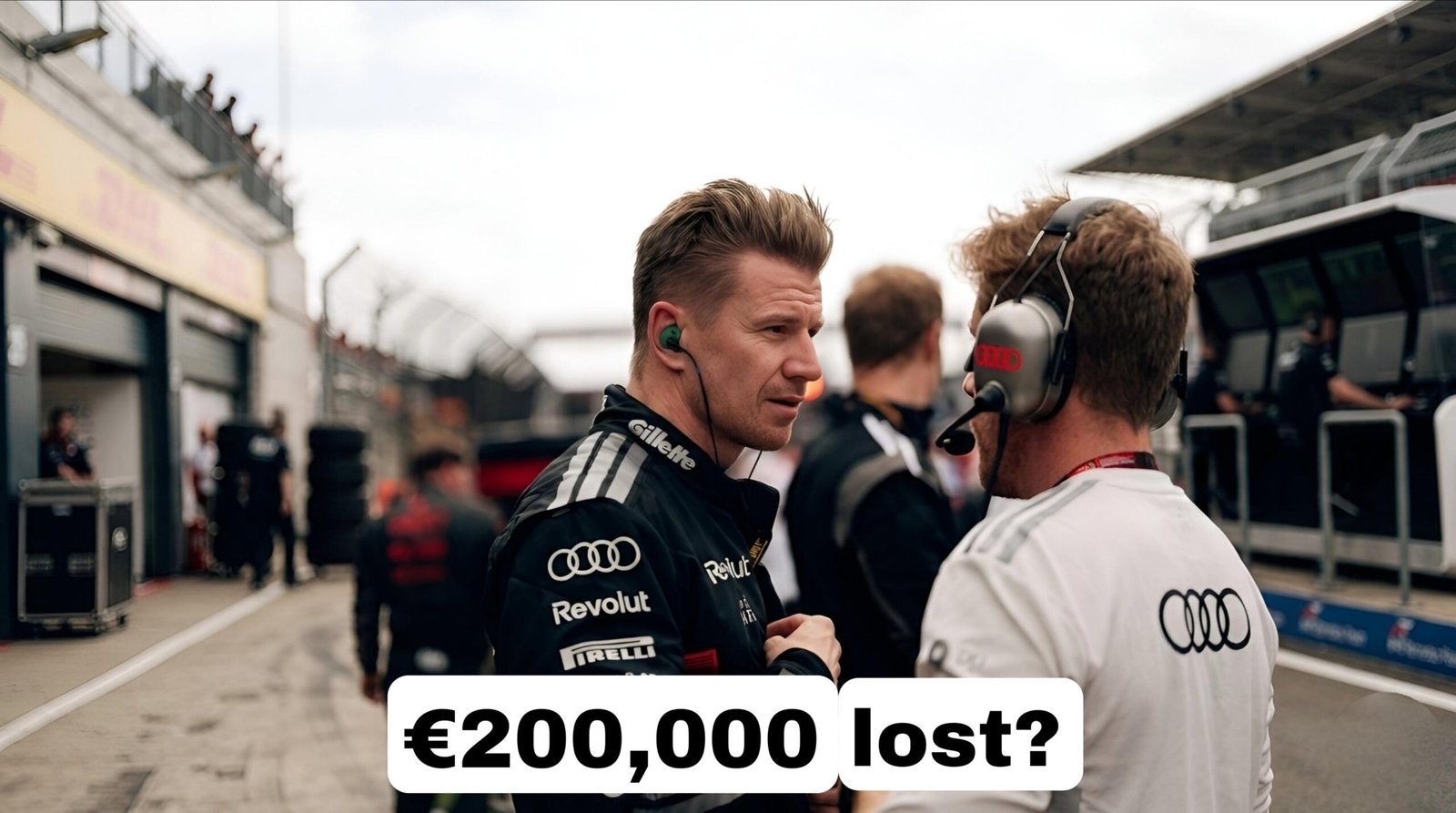 Nico Hülkenberg in Audi Revolut F1 gear discussing race strategy at the Chinese Grand Prix.