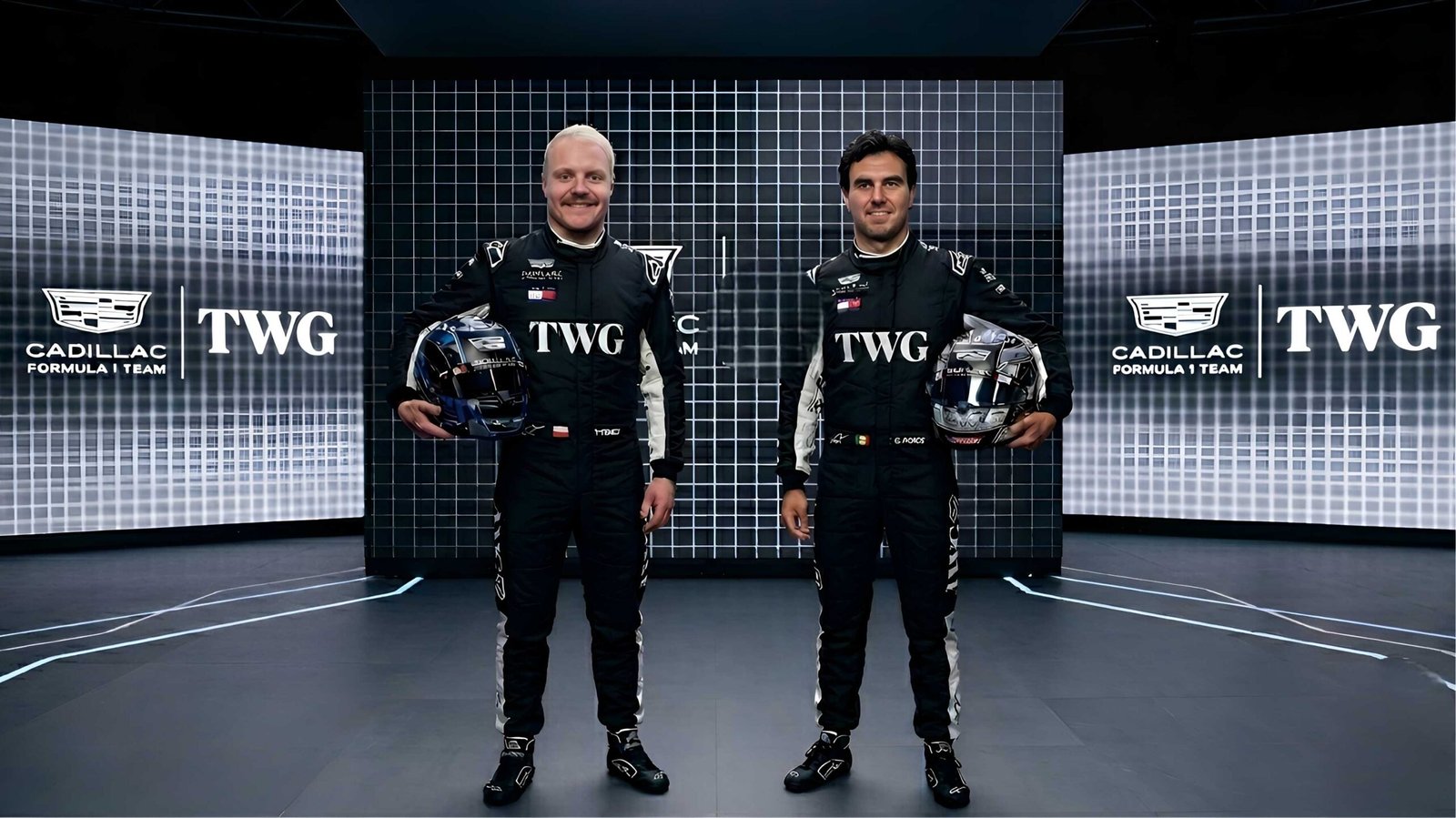 F1 drivers Valtteri Bottas and Sergio Perez in 2026 Cadillac TWG racing suits at the launch.