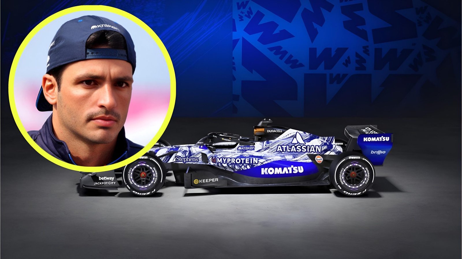 Carlos Sainz Jr. in Williams team gear alongside the 2026 FW48 Formula 1 car livery design.