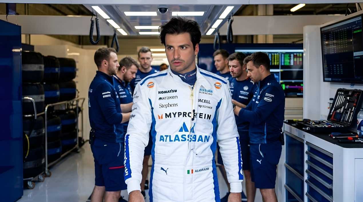 Carlos Sainz wearing Williams Racing overalls in a Formula 1 team garage with engineers in the background