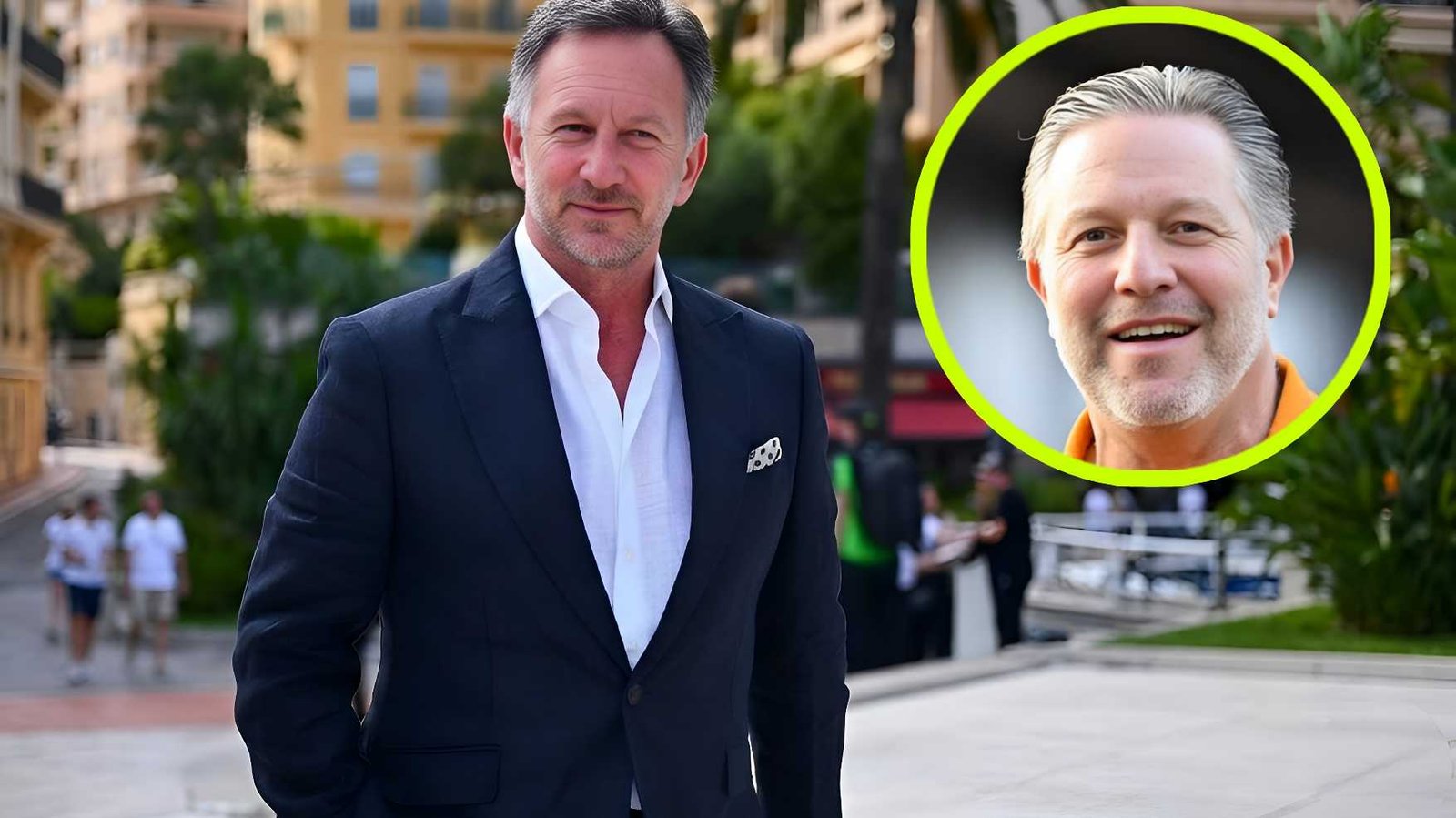 Christian Horner in a navy suit at a Formula 1 paddock with McLaren CEO Zak Brown inset, regarding Horner's potential F1 return