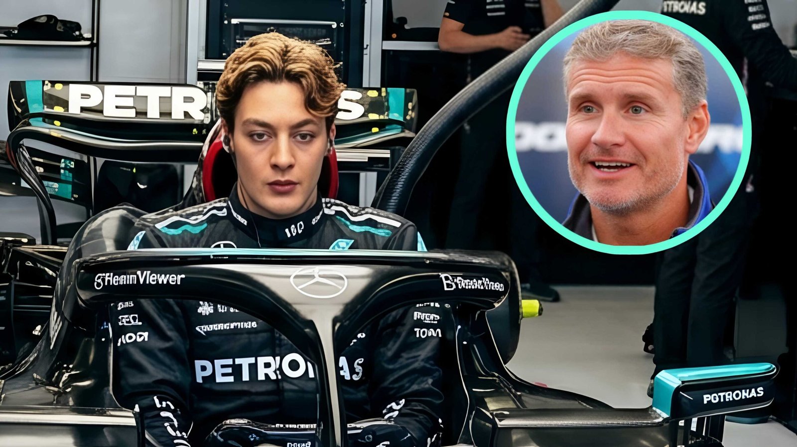 Kimi Antonelli in Mercedes F1 cockpit with David Coulthard inset photo; 2026 season rivalry.
