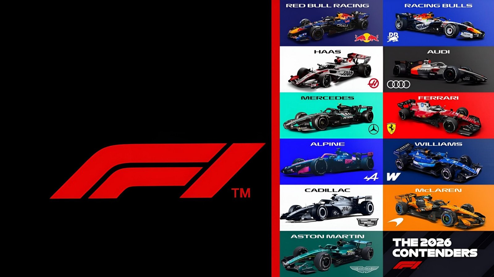 Grid of 2026 F1 car contenders including Ferrari, Audi, and Cadillac with official F1 logo.