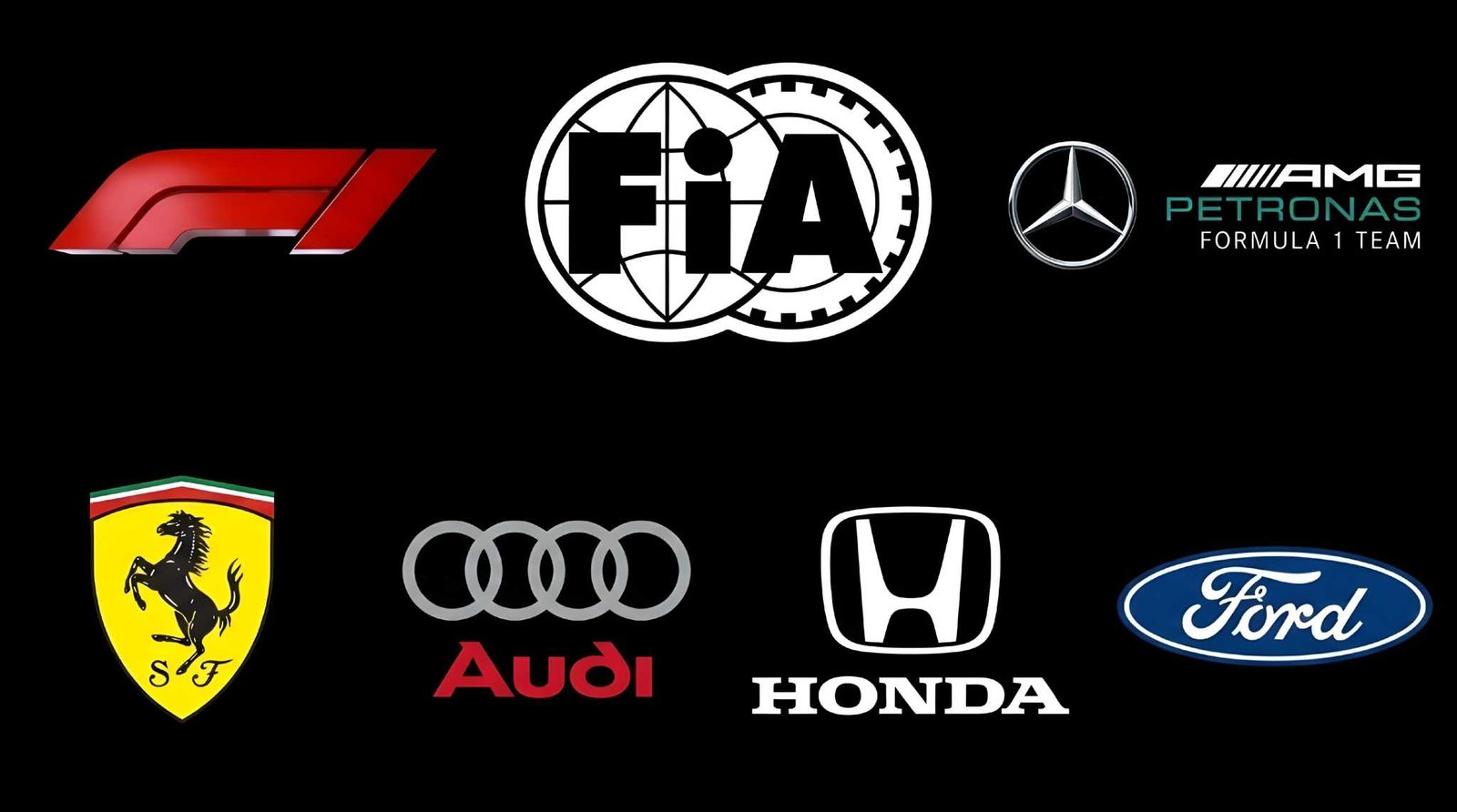 Logos of F1, the FIA, and 2026 Formula 1 engine manufacturers Mercedes-AMG, Ferrari, Audi, Honda, and Ford on a black background