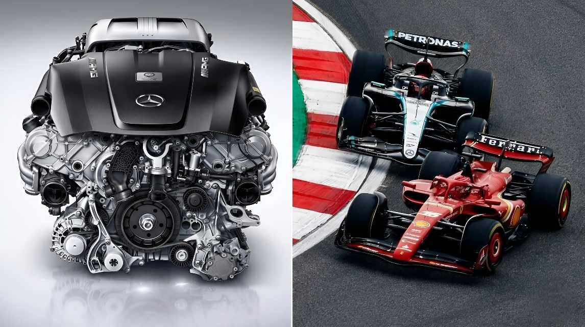Split image showing Mercedes-AMG internal combustion engine and Mercedes vs Ferrari F1 cars racing, illustrating Formula 1's proposed 2027 change from 50/50 to 60/40 or 55/45 ICE and battery power split