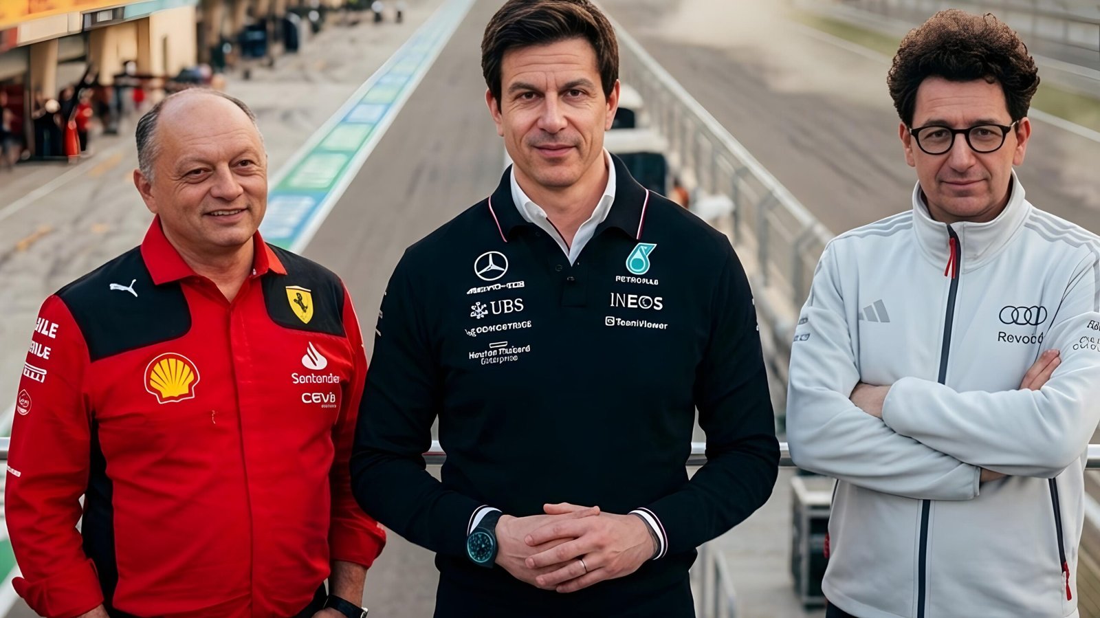 F1 principals Fred Vasseur, Toto Wolff, and Mattia Binotto at a racetrack for 2026 season.