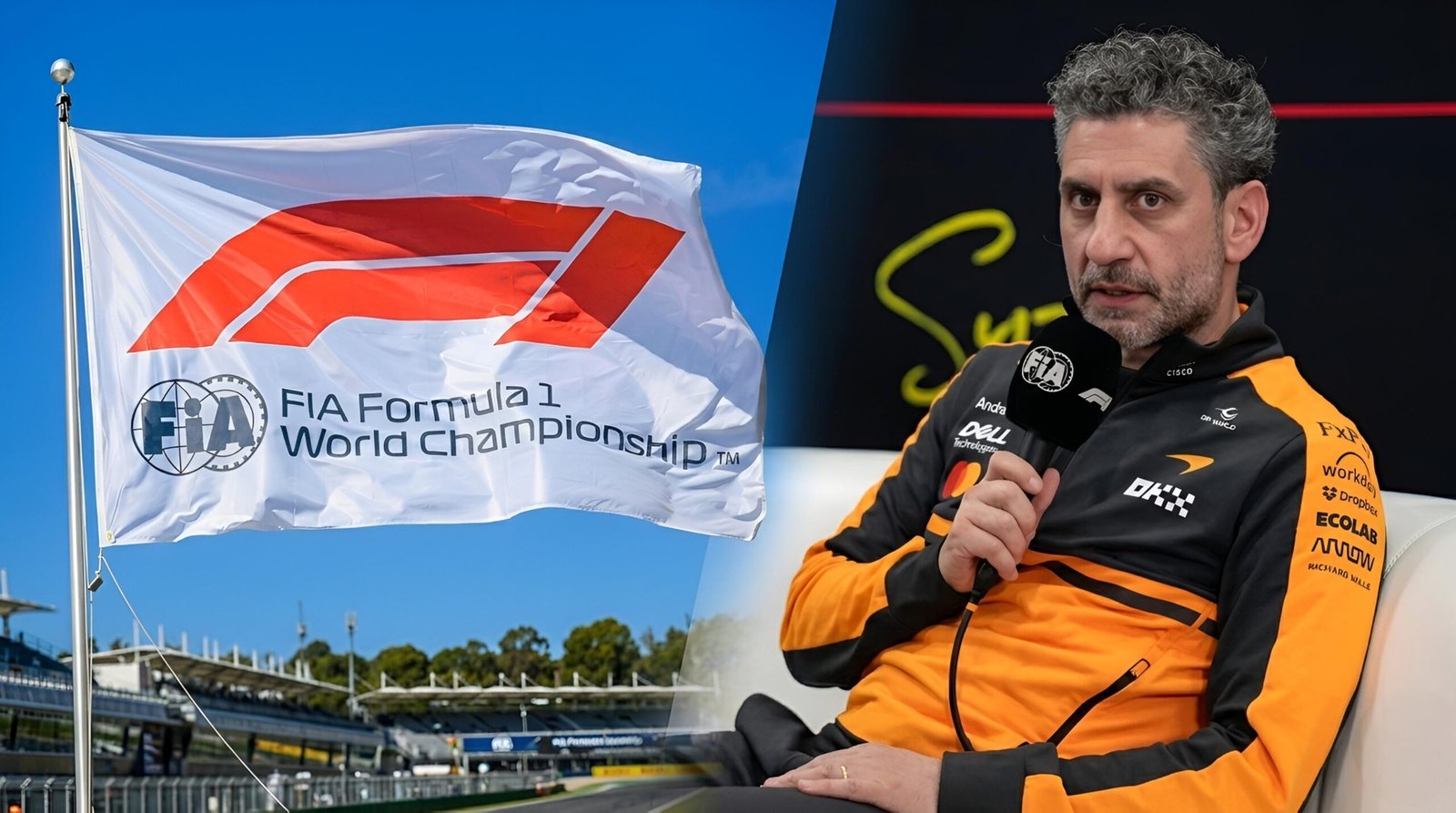 McLaren’s Andrea Stella speaking at an FIA press conference next to an official F1 flag pole.
