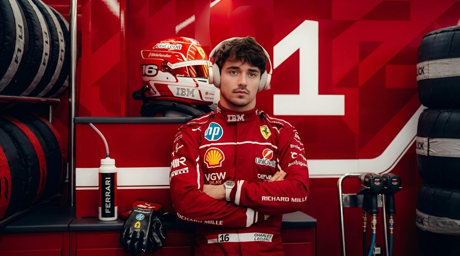 Charles Leclerc in Ferrari race suit with headphones in F1 garage beside helmet and tires
