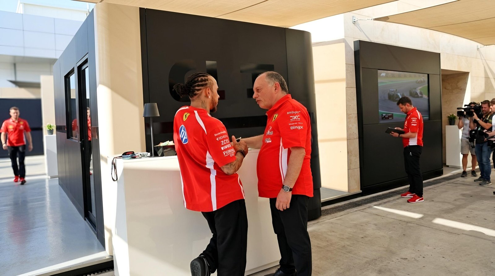 Lewis Hamilton and Fred Vasseur discuss Ferrari F1 strategy in the paddock at Maranello