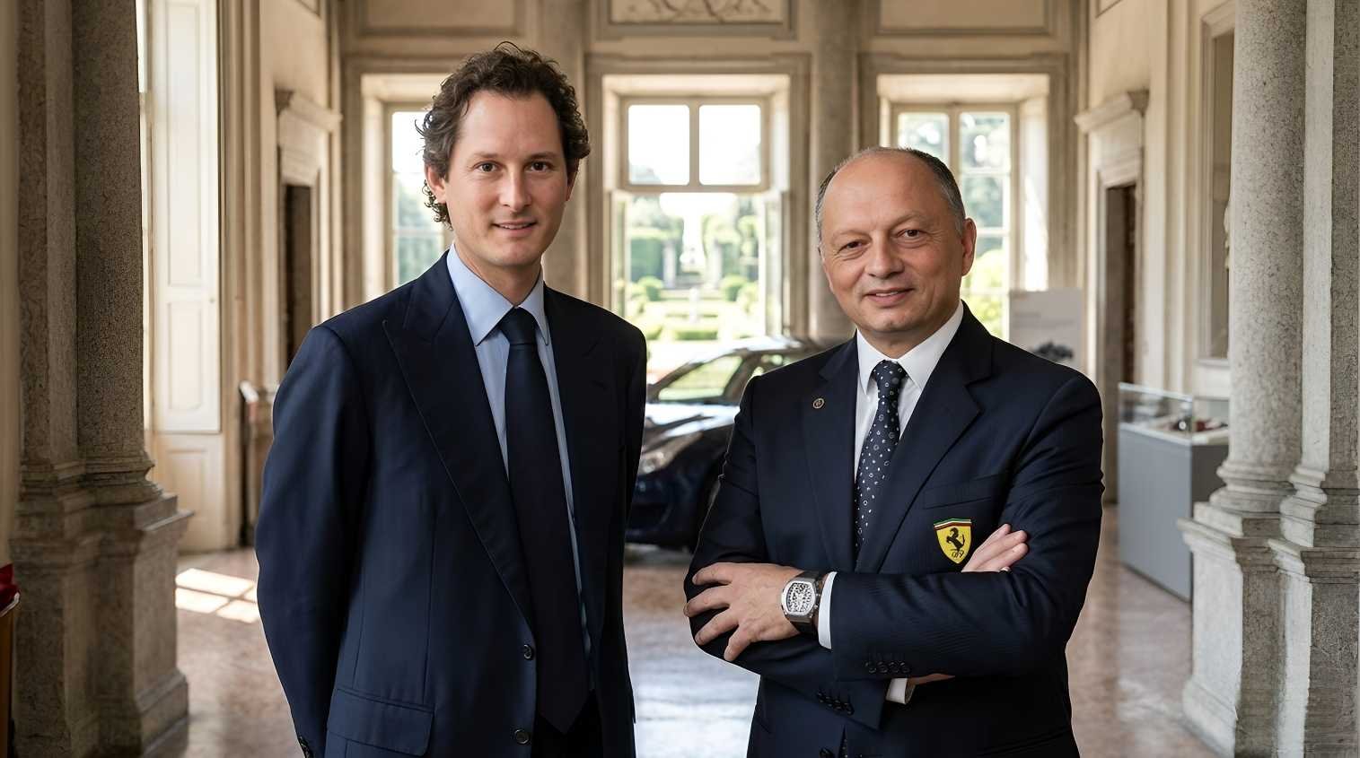 Ferrari Chairman John Elkann and Team Principal Frédéric Vasseur standing in formal attire at Ferrari headquarters, representing leadership unity for the 2026 Formula 1 season