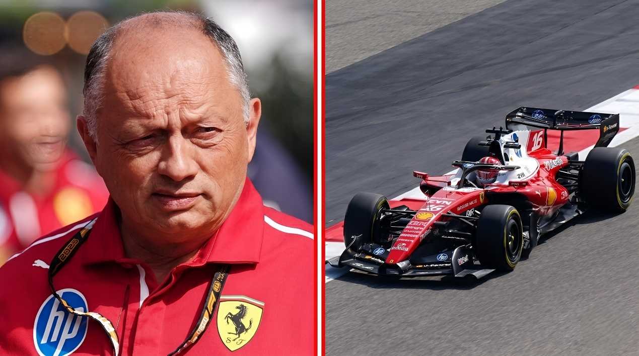 Split image: Ferrari team principal Frédéric Vasseur in red team shirt left, Charles Leclerc driving red Ferrari F1 car right