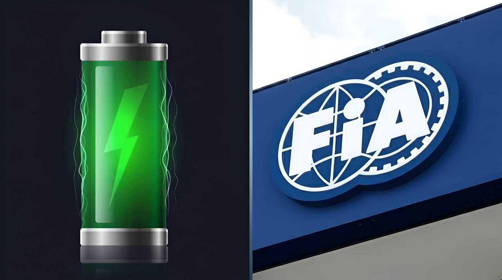 Split image showing green electric battery icon representing MGU-K Energy Store and FIA logo, illustrating the 2026 F1 power unit loophole ban