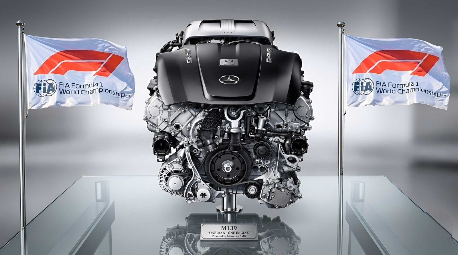 Mercedes AMG engine on a glass display stand between two FIA Formula 1 World Cup flags