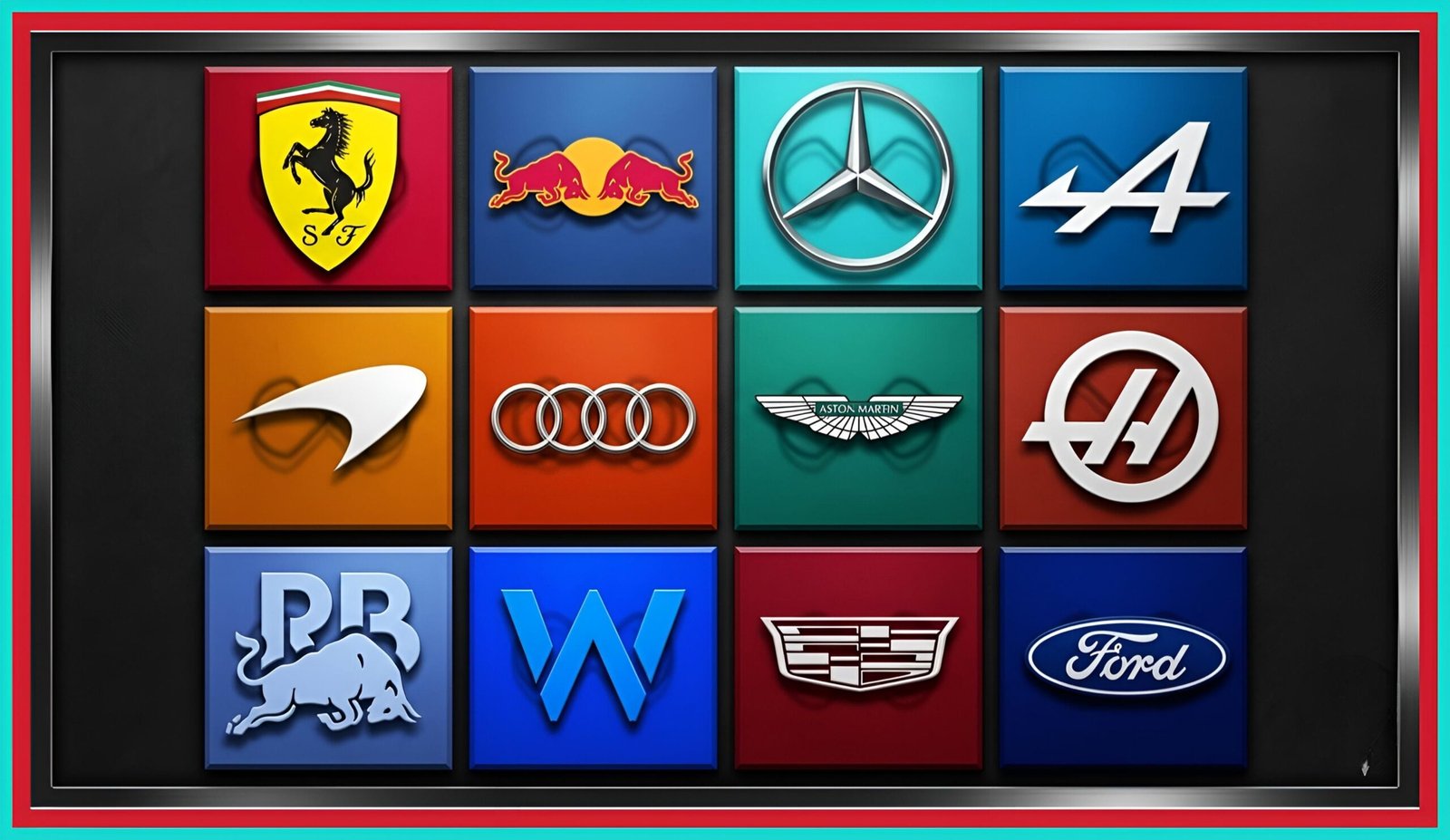 F1 2026 manufacturer logos including Ferrari, Mercedes, Audi, and Ford for ADUO parity news.