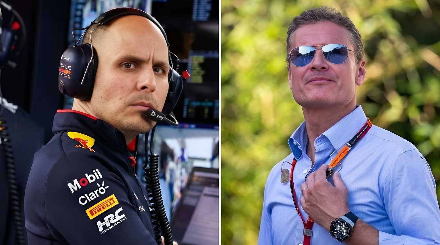 Split image of Gianpiero Lambiase wearing Red Bull headset and David Coulthard in sunglasses at F1 paddock