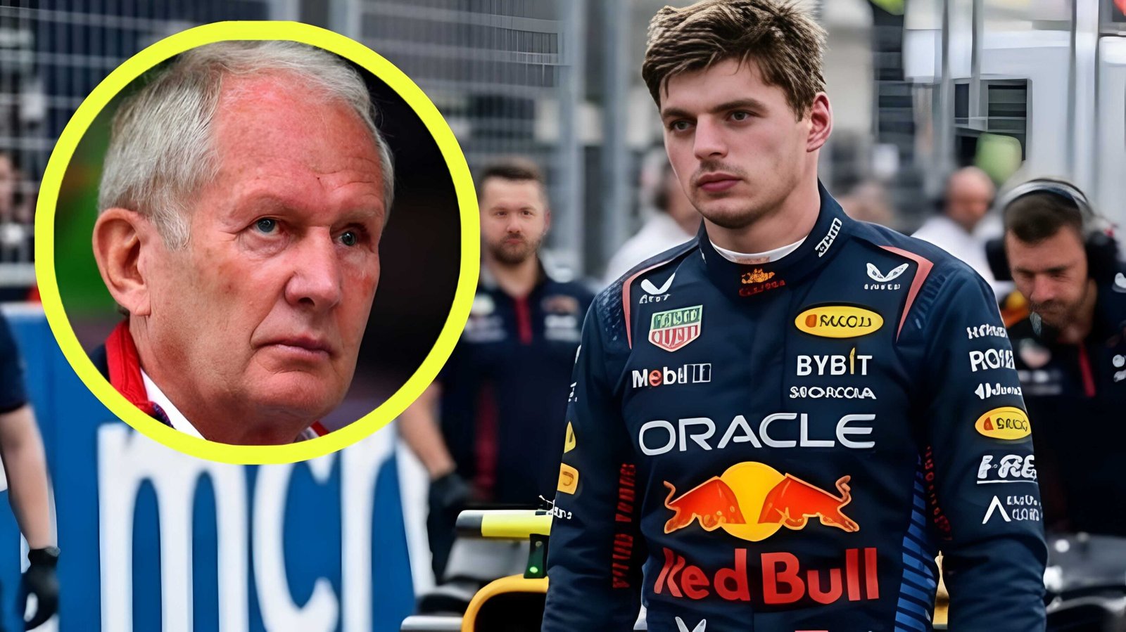 Max Verstappen in Red Bull racing kit next to a portrait of Helmut Marko at an F1 circuit.