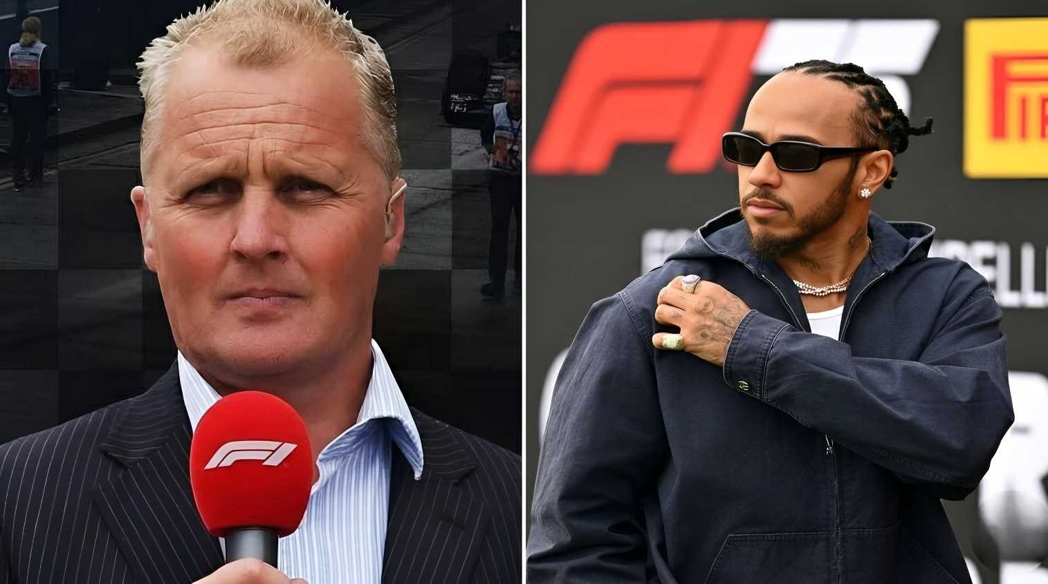 Johnny Herbert with F1 microphone next to Lewis Hamilton in paddock sunglasses, Stay On Track podcast retirement advice 2026