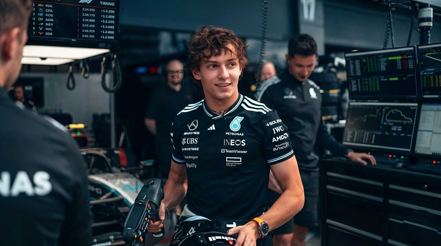 Kimi Antonelli 2026 F1 Title Lead: Robert Kubica Warns Mercedes Star to Avoid Instagram Distractions 1 Kimi Antonelli Mercedes F1 driver in garage during 2026 Formula 1 season holding steering wheel