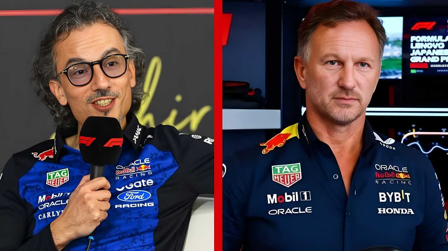 Laurent Mekies and Christian Horner split image showing Red Bull F1 team principal transition July 2025