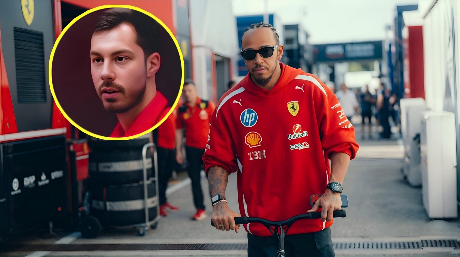 Lewis Hamilton in Ferrari red team gear with Cédric Michel-Grosjean in circular inset photo.