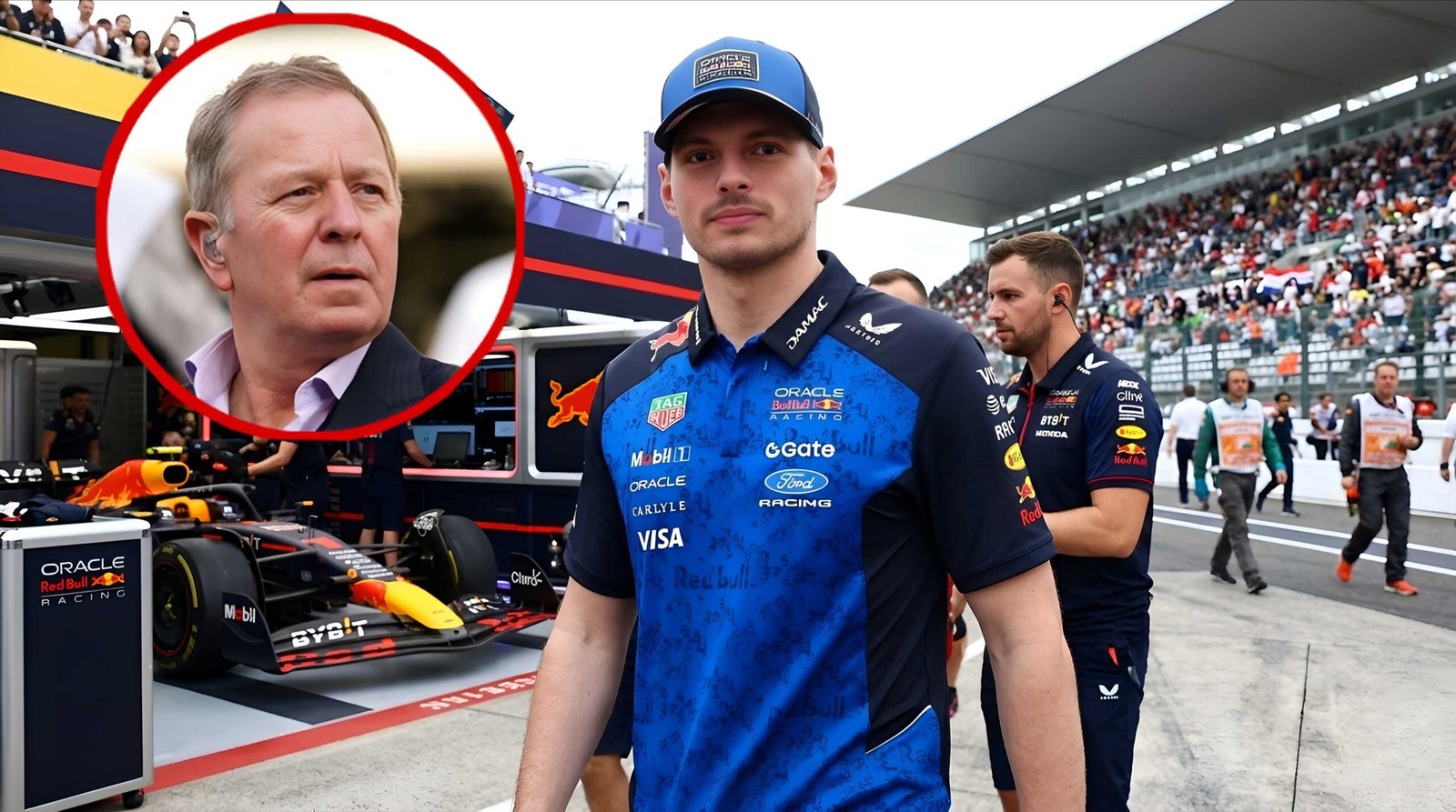Martin Brundle inset over Max Verstappen in Red Bull Ford kit walking through the F1 paddock.