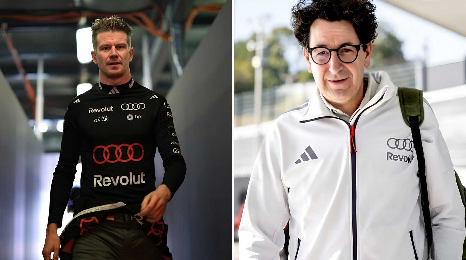 Mattia Binotto and Nico Hulkenberg in Audi F1 team apparel, 2026 season