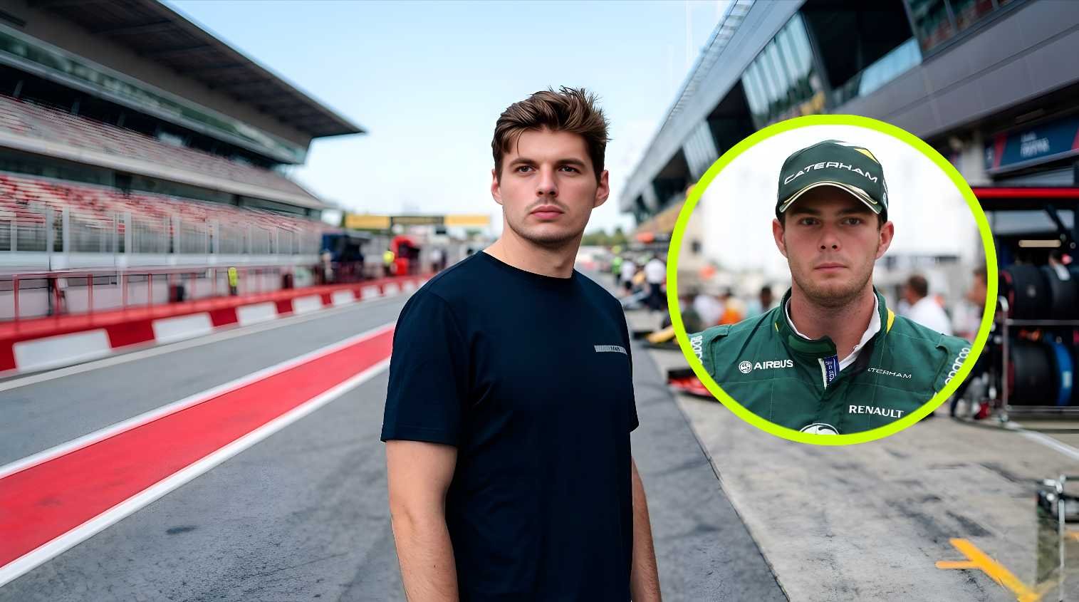 Max Verstappen standing in Red Bull pit lane with inset photo of former Caterham F1 driver Giedo van der Garde in green racing suit