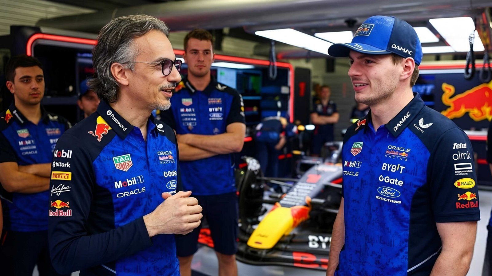 Laurent Mekies and Max Verstappen discuss Red Bull F1 engineering in the team garage.