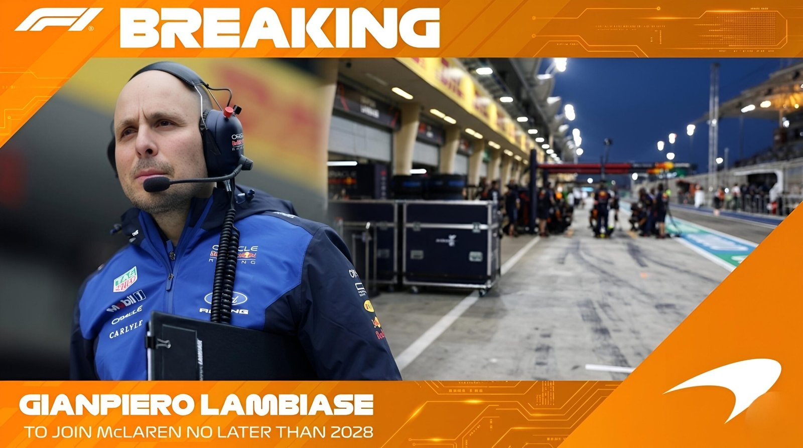Gianpiero Lambiase in Red Bull gear with McLaren breaking news graphic for 2028 appointment