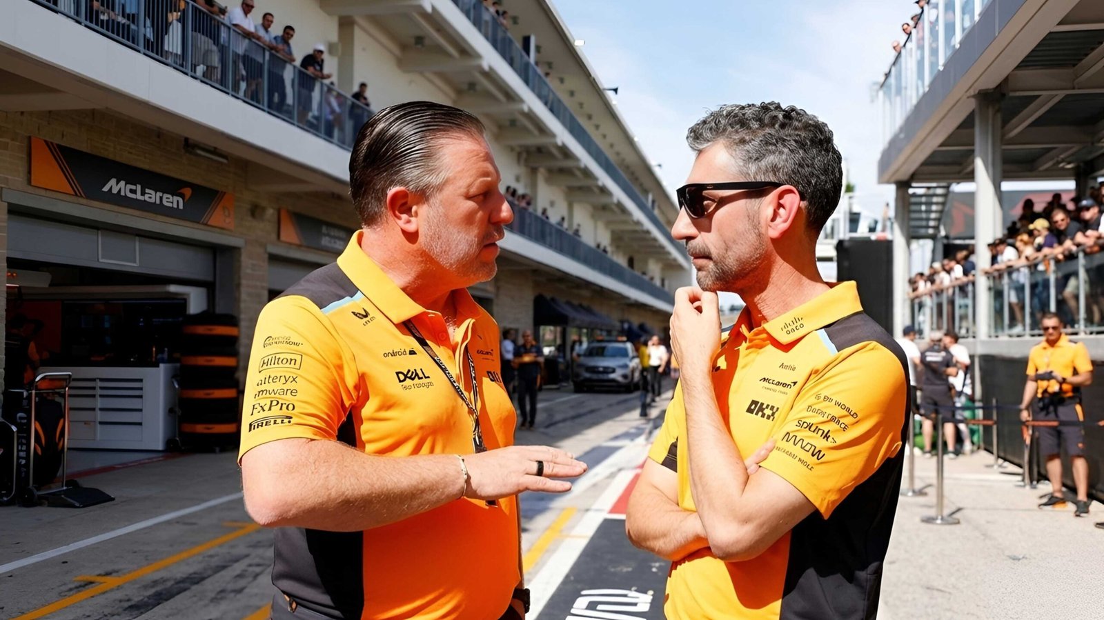 McLaren’s Zak Brown and Andrea Stella discussing F1 strategy in the pit lane at a Grand Prix